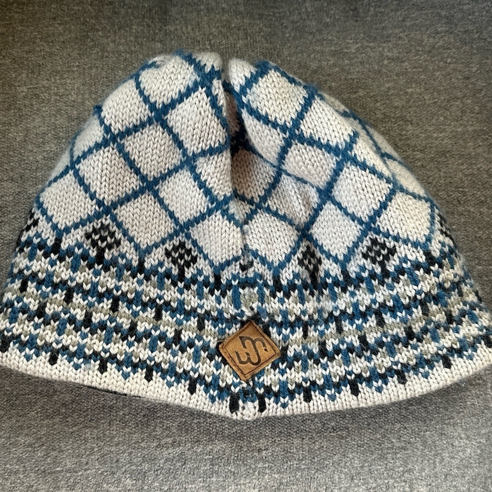 VTG Merkley Beanie Hat Gray Blue Geometric 100% Virgin Wool Canada Vail USA Ski